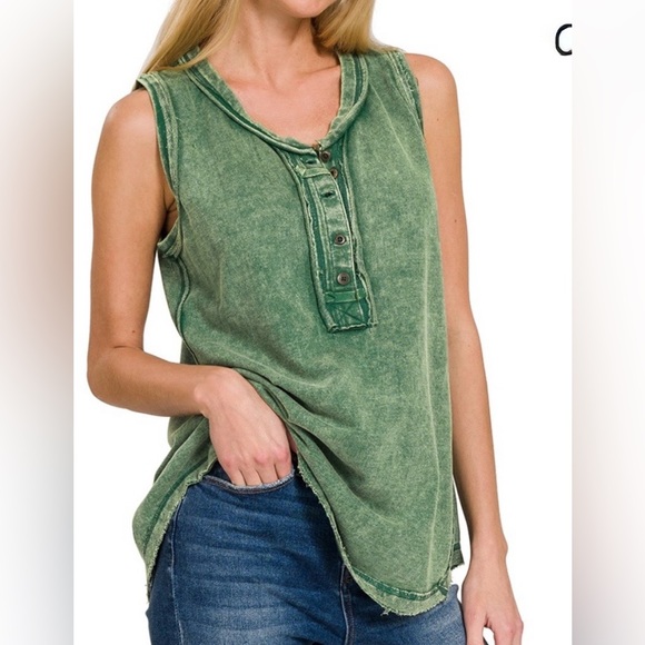 Zenana Tops - Zenana 100% Cotton Raw Hem Henley Tank - Dk. Green